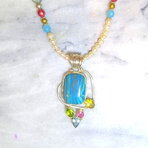 Artisan Pearl Rainbow Calsilica Topaz Tourmaline Sterling Necklace 18" Earrings - Picture 5 of 9